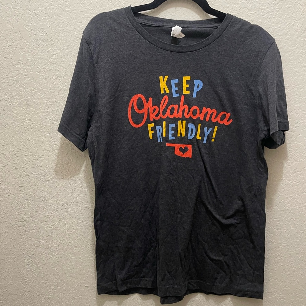 “Keep Oklahoma Friendly!” Bella Canvas Heather Grey Tee with Colorful Print